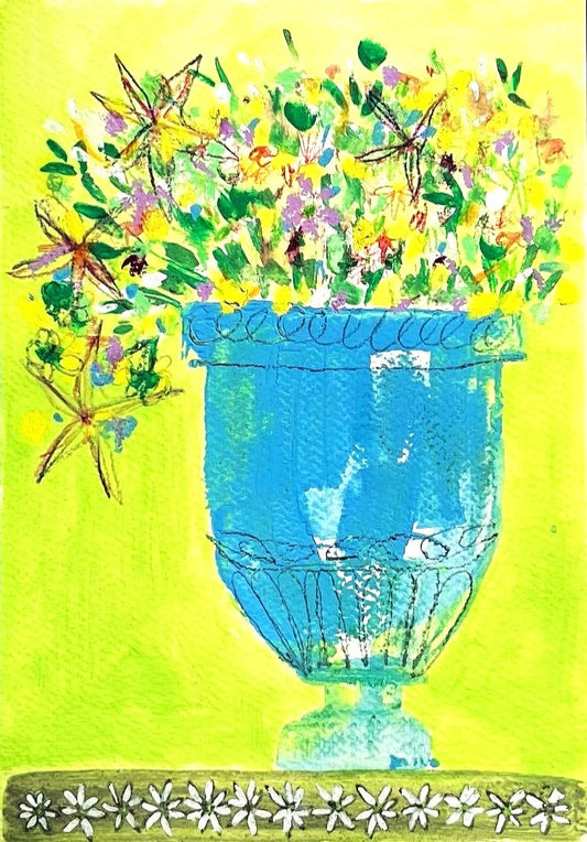 Colorful illustration of a blue urn with flowers and butterflies on a yellow background
