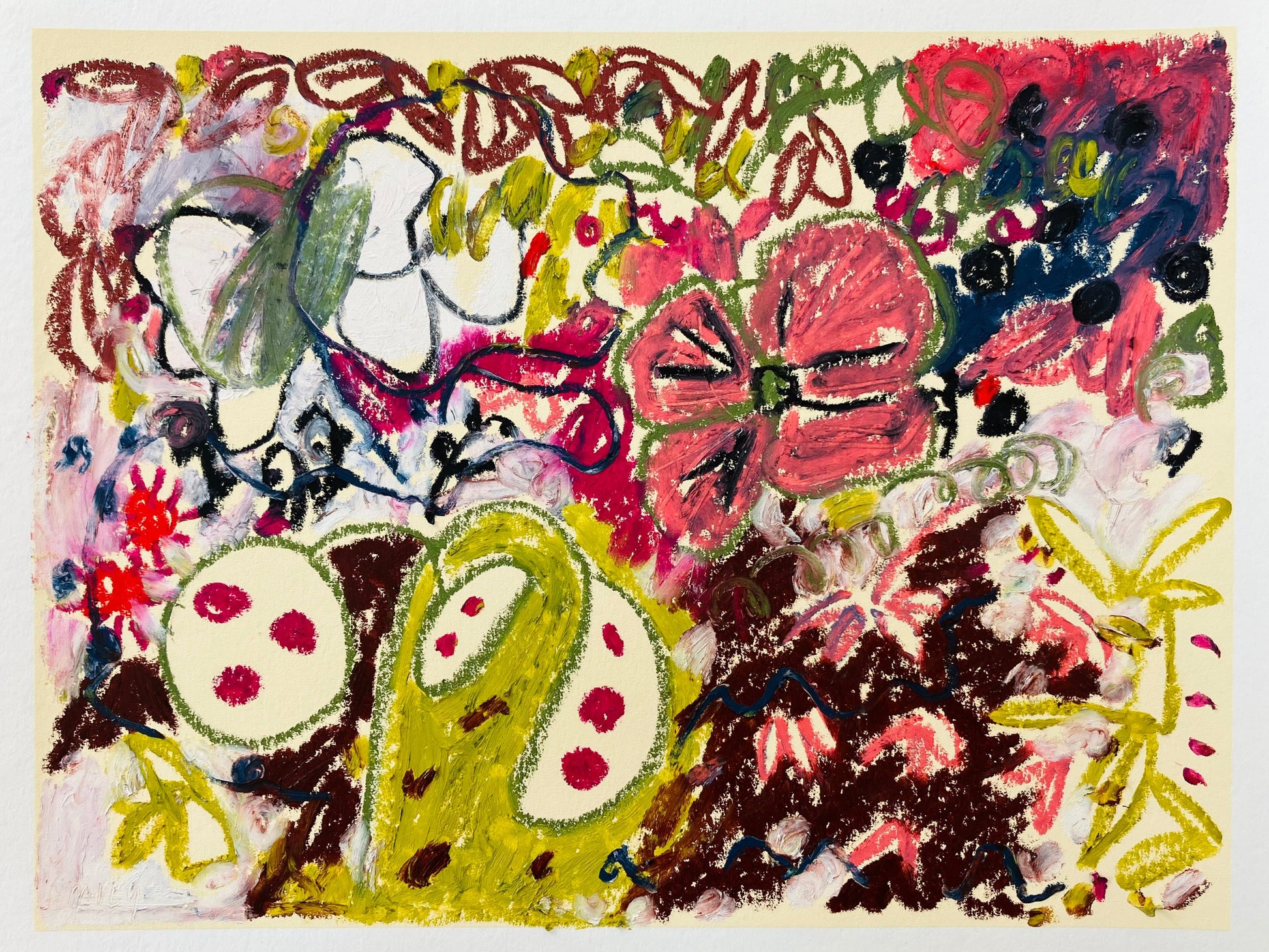 Colorful abstract artwork on a white card with a brown background