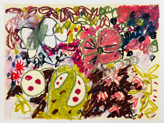 Colorful abstract artwork on a white card with a brown background